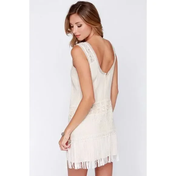 Ark & Co Women's Lace Fringe Cream Chiffon Sleeveless Mini Shift Dress Size S - Picture 2 of 14